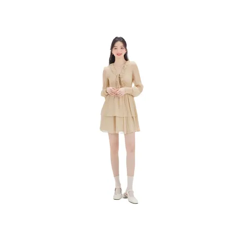 DEAR DEER PUFF 옐로우 여성 긴팔 원피스