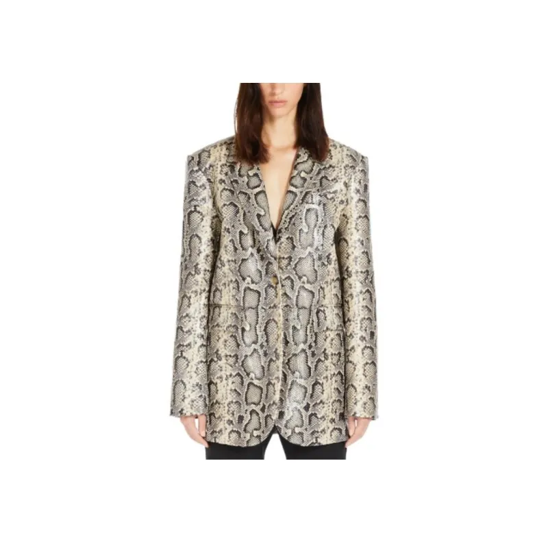 SportMa Fiorigi Collection Oversized Python-Print Leather Blazer Business Suit Women's Light Brown-2