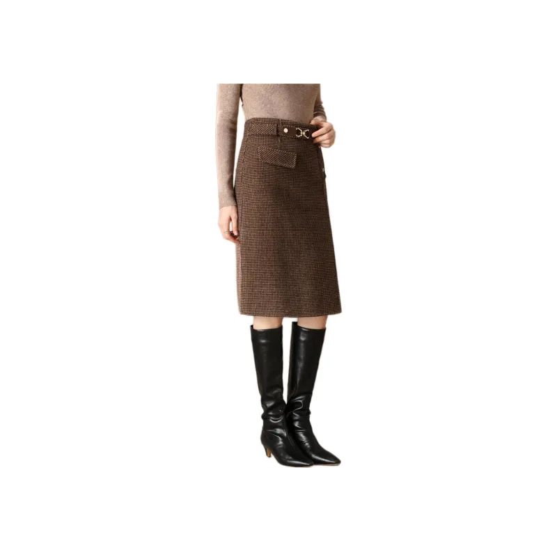 FENHONGMALI Casual Long Skirts Women's Coffee-3