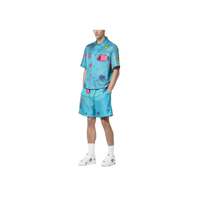 LOUIS VUITTON Pre Owned X Yayoi Kusama 2010 Monogram Face Shirt Short Sleeve Silk Turquoise Blue Multicolor 23AW-1