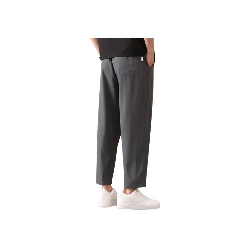 JEANSWEST Ankle Length Thin Solid Color Stretch Straight Fit Pants Ice Silk Summer Men's Black-2