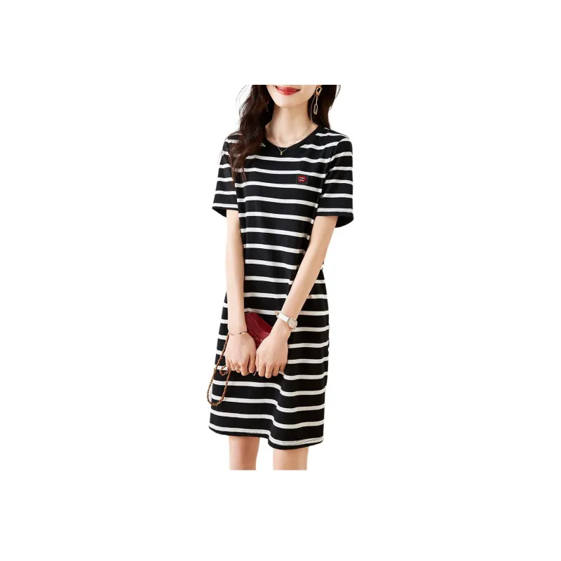 Mo Han Yi Mei Short Sleeved Dress Women's Black White Stripes-0