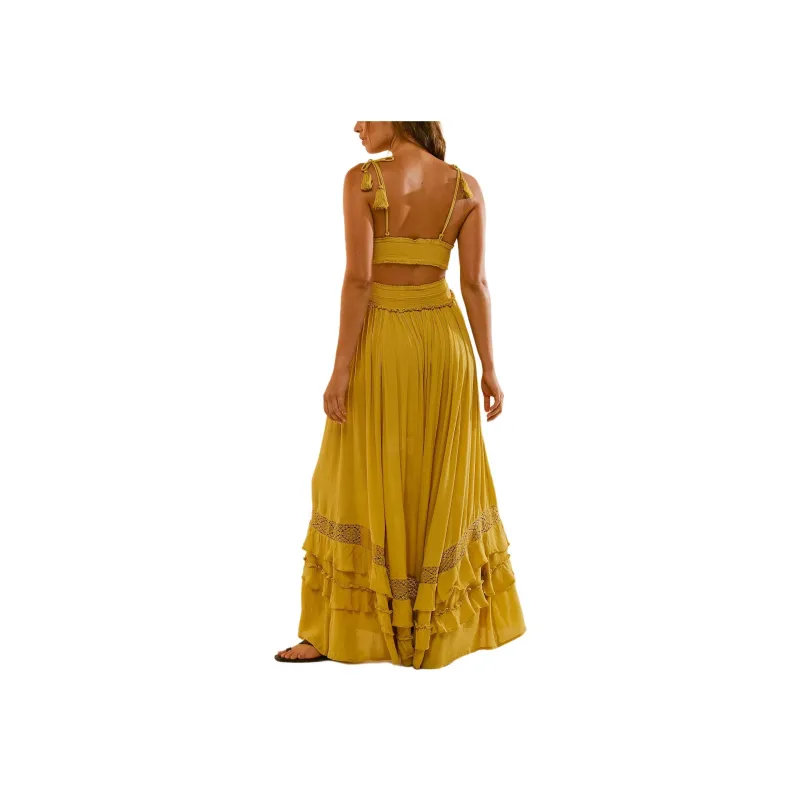 FREE PEOPLE Santa Maria Maxi Dress Slip Dresses Women's Mossy Gold-0