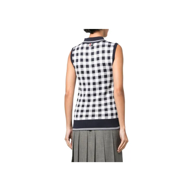 THOM BROWNE Gingham jacquard Sleeveless Polo Top-2
