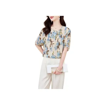 Yi Mengyuan Short Sleeved Silk Shirt Women's Leaf Flower