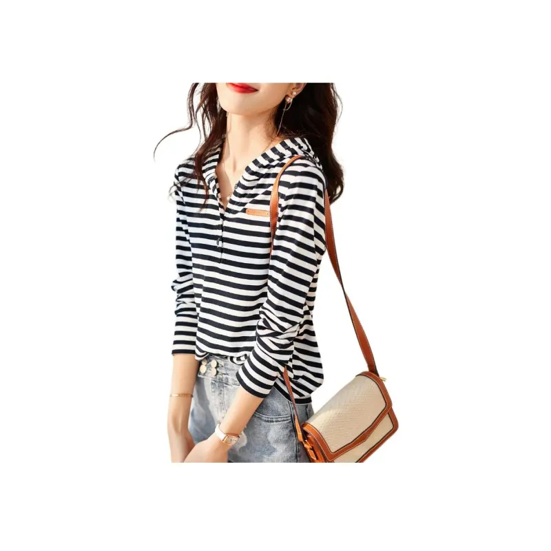 Mo Han Yi Mei T Shirt Women's Navy Blue Stripes-0