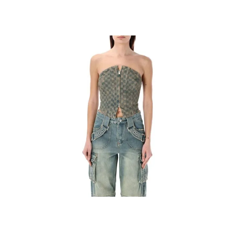 Misbhv Monogram-Jacquard Zipped Denim Corset Top-0