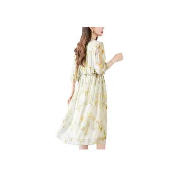 Yi Mengyuan High End Heavyweight Mulberry Silk Long Sleeved Dress Women's Saffron