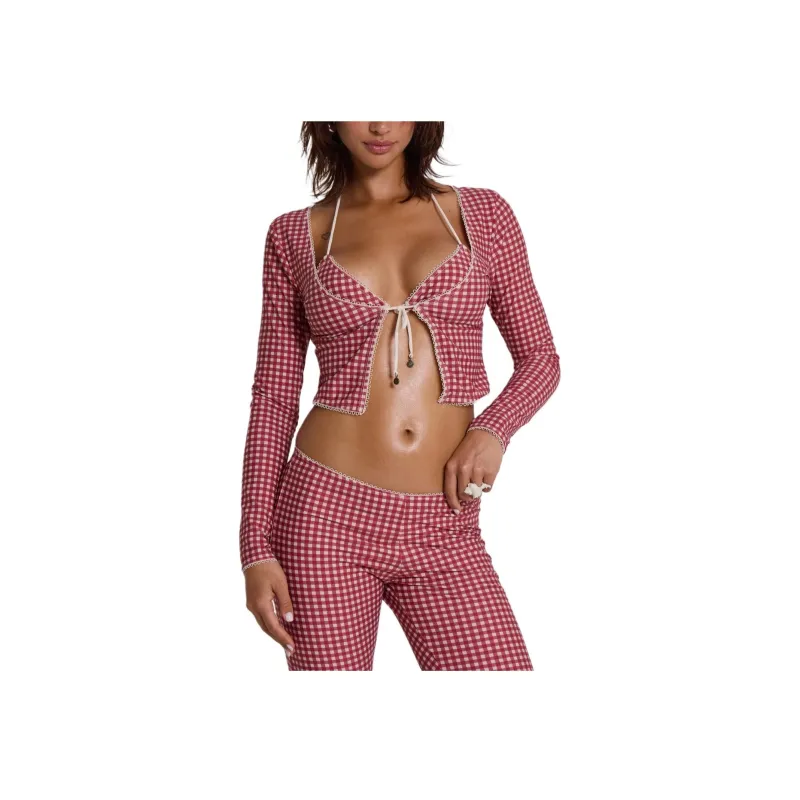 Jaded London Freda Gingham Swim Cardigan Top Two Piece Swimsuit Women's RED/Red-0