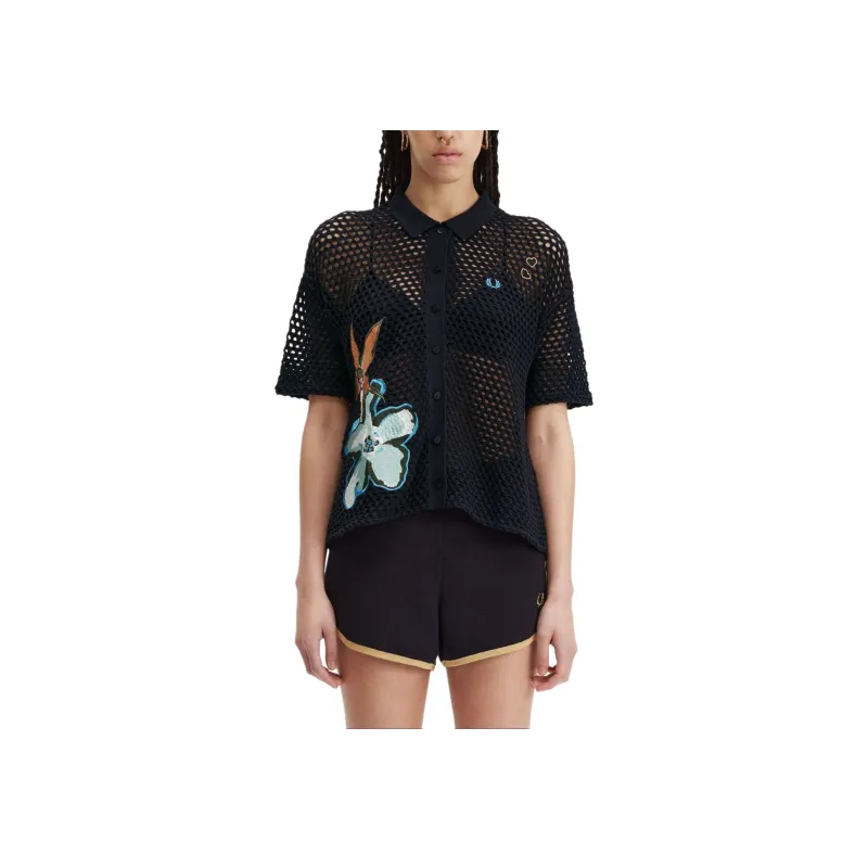 FRED PERRY Embroidered Open Knit Shirt Women's Black-1