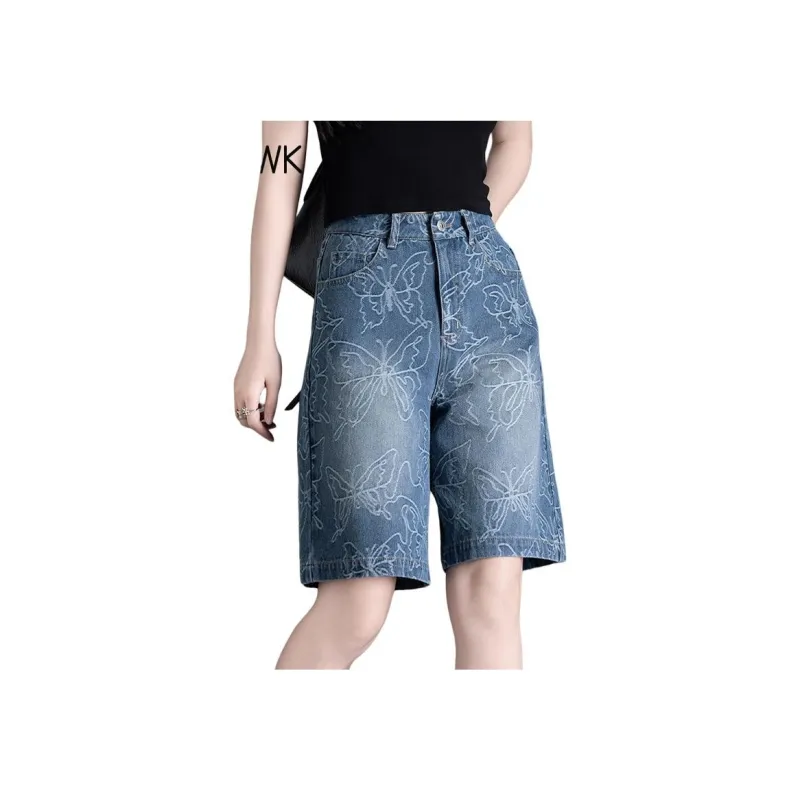 You Cow Me Pants Denim Shorts Women's Deep Sea Blue Jacquard-1