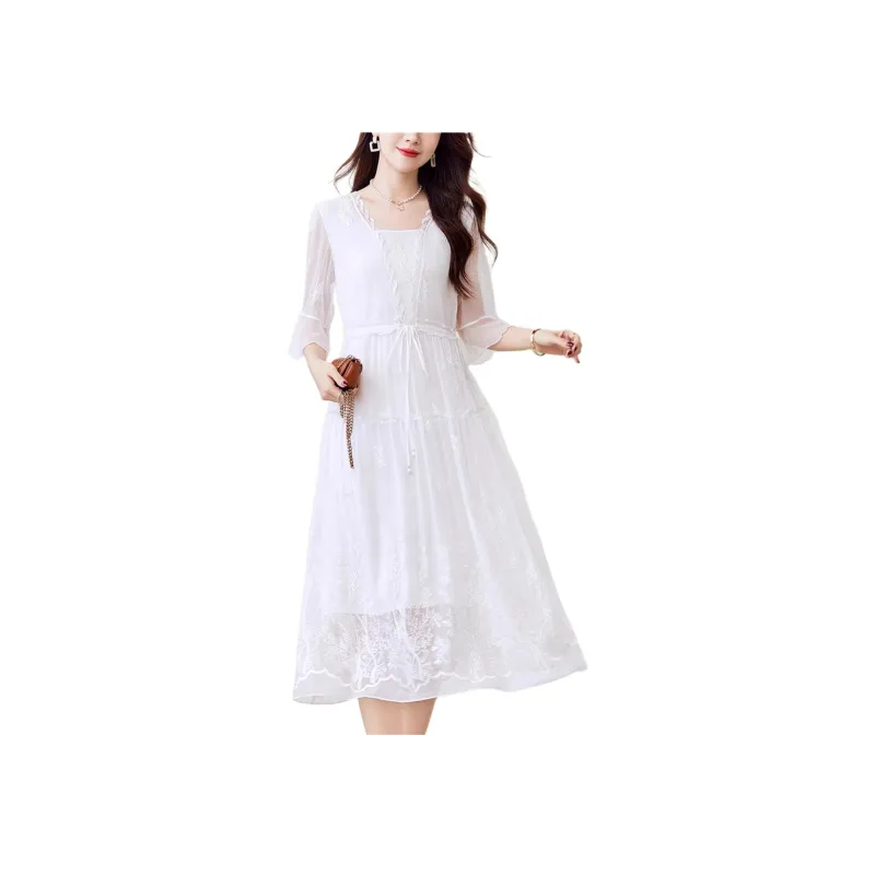 Yi Mengyuan Lace Up Silk Long Sleeved Dress Women's White-2