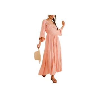 FREE PEOPLE Dixie Maxi Long-Sleeved Dresses Women's Coral Pink/Coral Pink