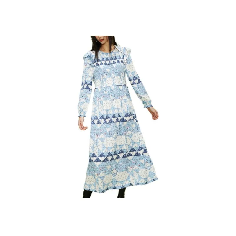 H&M Long-Sleeved Dresses Women's Light Blue/Pattern-1