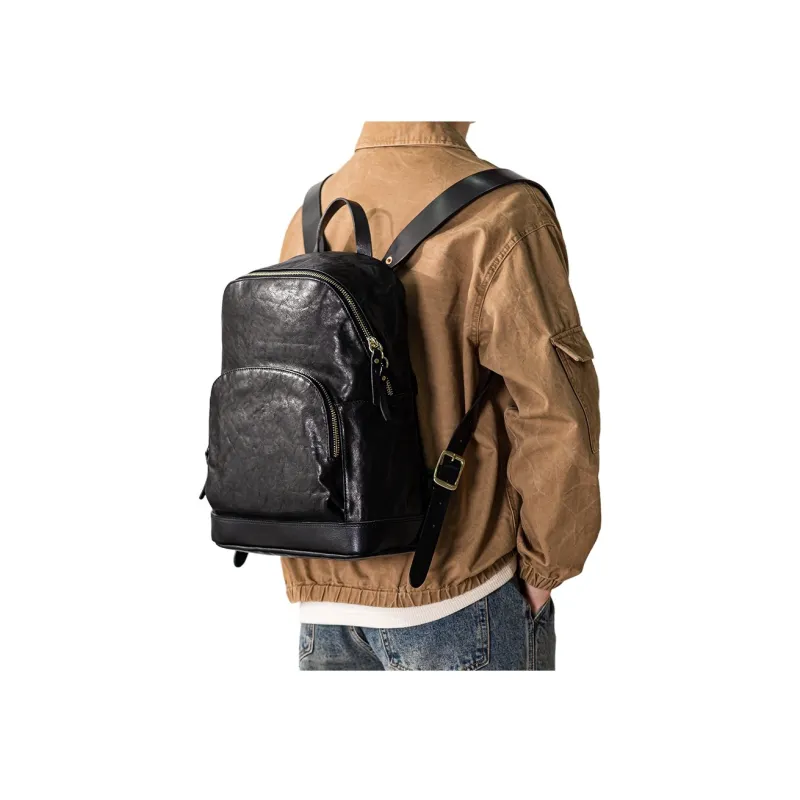 Back Step Top Grain Vegetable Tanned Cow Leather Genuine Leather Computer Travel Backpack Large Size Unisex Black-6