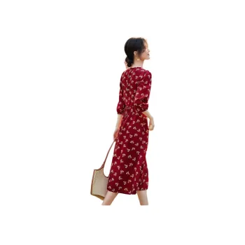 Flowers In Water Long Sleeved Dress Women's Red With Yellow Floral
