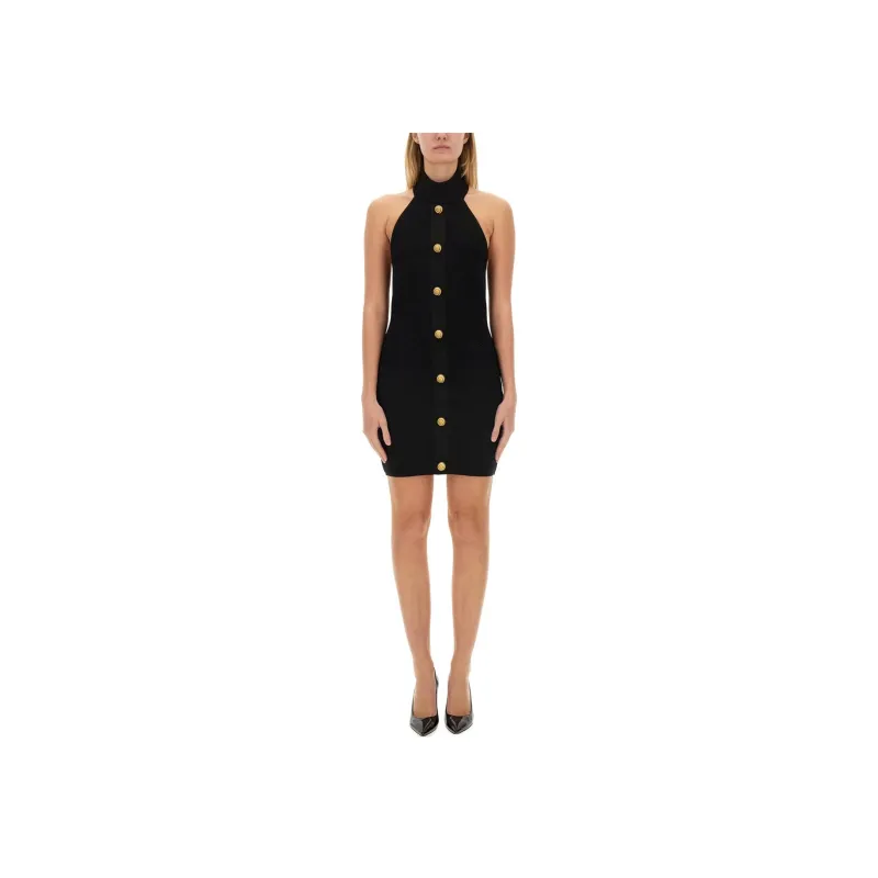 BALMAIN Off Shoulder Button Detailed Mini Dress-2
