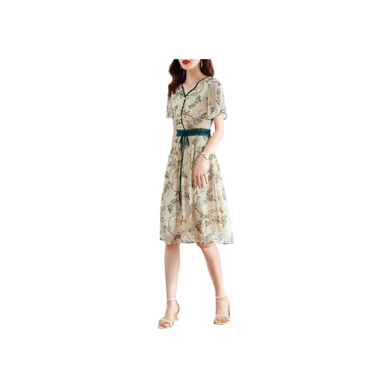 XWI Short Sleeved Dress Women's Apricot Base With Green Leaves-1