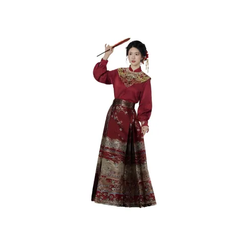 Weaving Division 3종 세트 중국 스타일 블라우스 상의 + 클라우드 어깨 + 마면 치마 여성 한푸