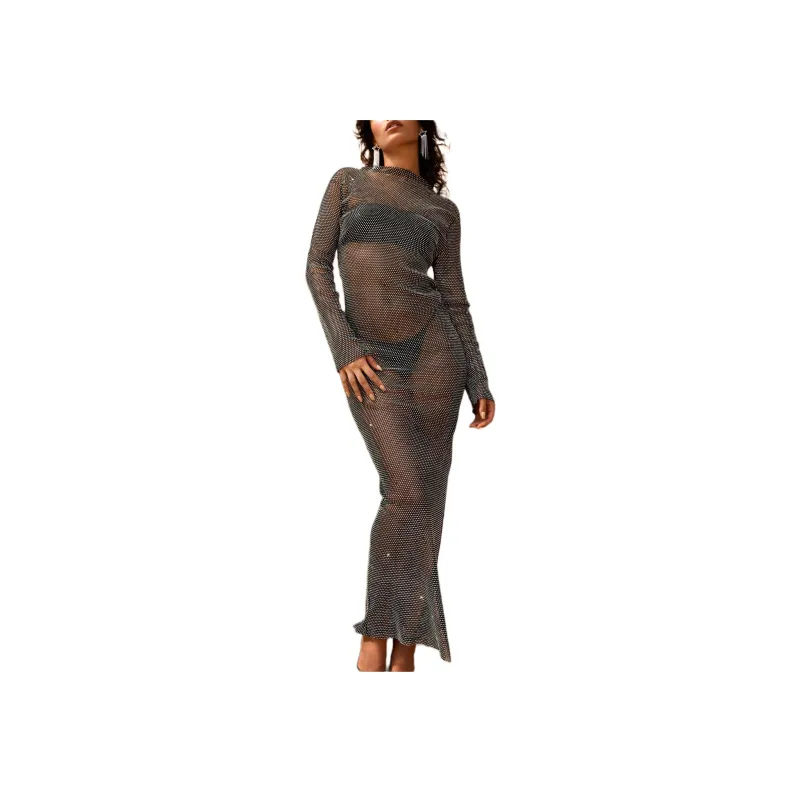 NASTY GAL Diamante Fishnet Slash Neck Maxi Dress Long-Sleeved Dresses Women's Black-1