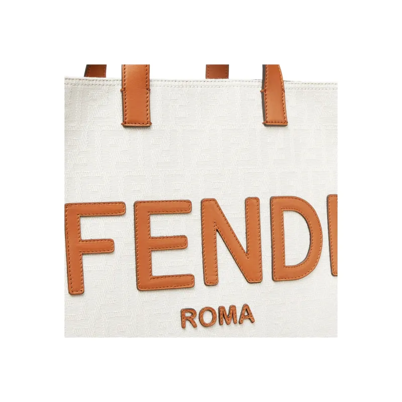 FENDI Jacquard With Leather Tote Bag Shopping Bag Shoulder Bag Crossbody Bag Handbag Large Size Unisex White-4