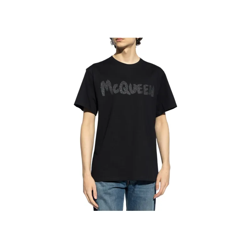Alexander McQueen Logo Printed Glittered Crewneck T Shirt-2