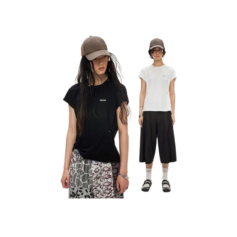 WULISHAONIAN Detachable Pearl Nose Ring Shoulder Small Flying Sleeve Short Sleeved T Shirts Unisex-5