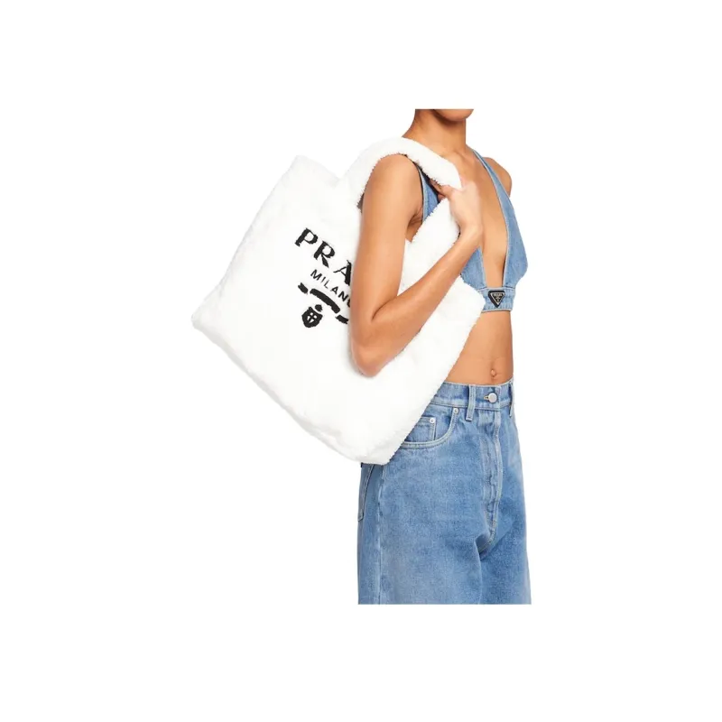 PRADA Fabric Tote Bag Shopping Bag Handbag Women's White-5