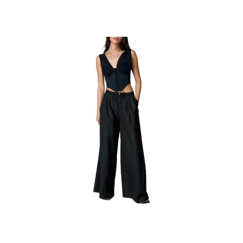 NASTY GAL Premium Satin Lace Up Boned Corset Top Crop Tops Women's Black-0