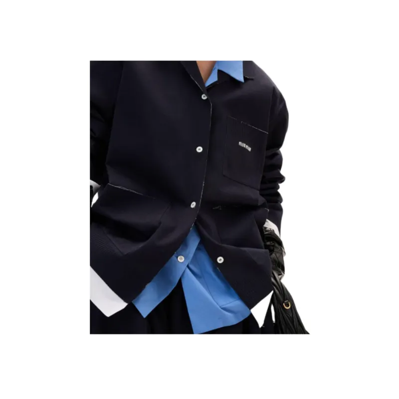 MIU MIU Raw Hem Camp Collar Shirt Blu Bianco-5