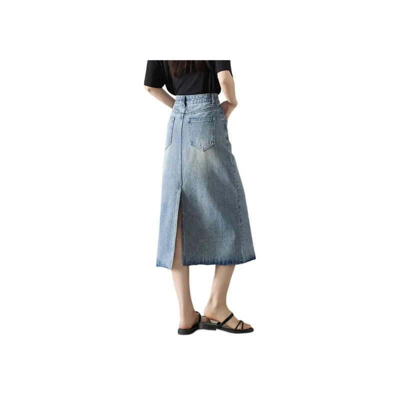 Mo Han Yi Mei Denim Long Skirts Women's Vintage Light Blue-0