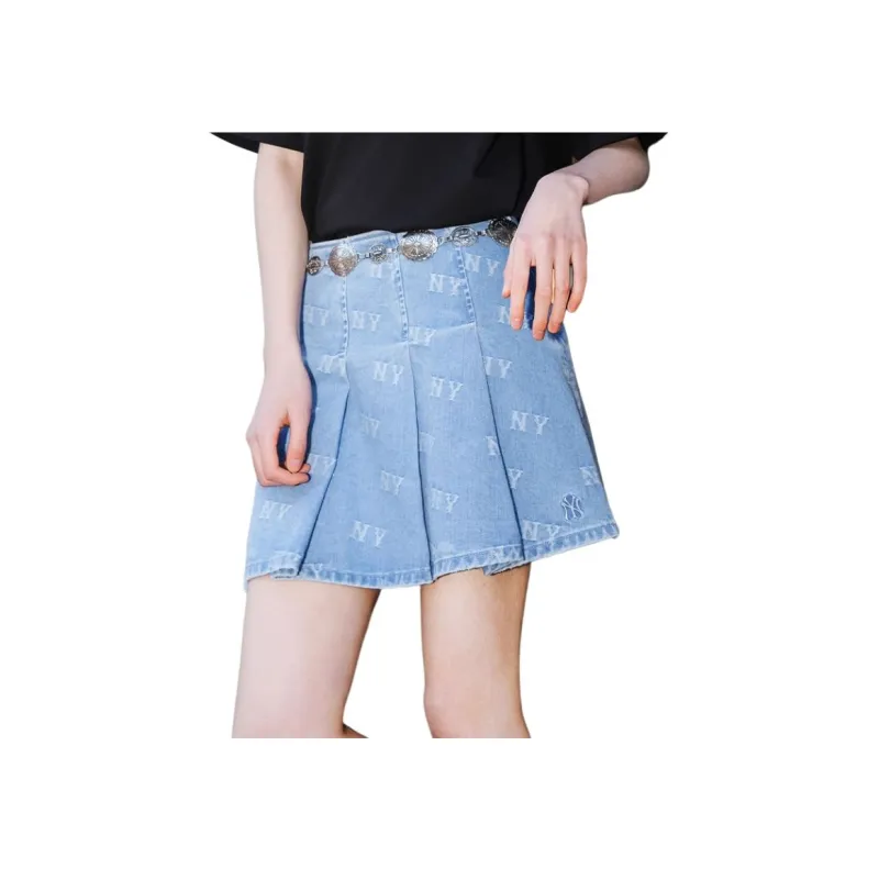 MLB New York Yankees Old Flower Denim Short Skirts Women's Light Blue-4