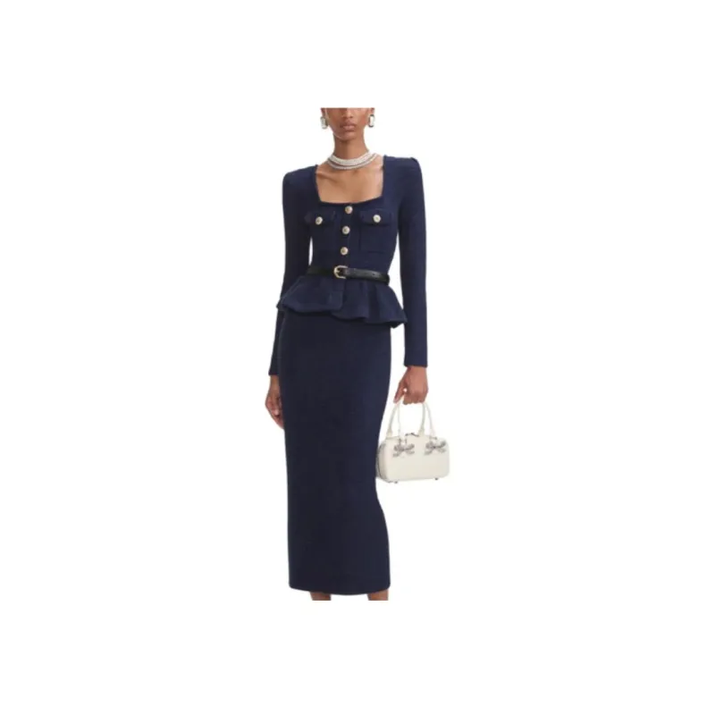 Self portrait Long Sleeved Dresses Women's Navy Blue Belt Not Included-0