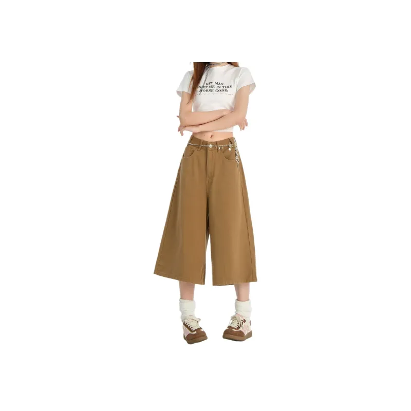 Wen Shan Denim Shorts Women's Khaki Capri Pants-0