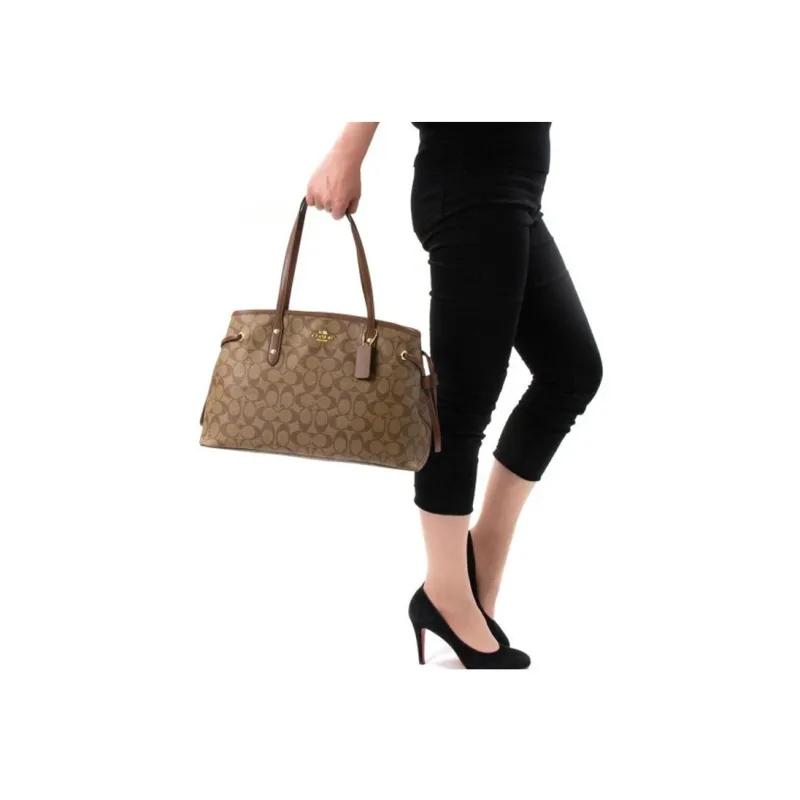 COACH Drawstring Canvas With Leather Shoulder Bag Crossbody Bag Handbags Large Size Women's Khaki-3