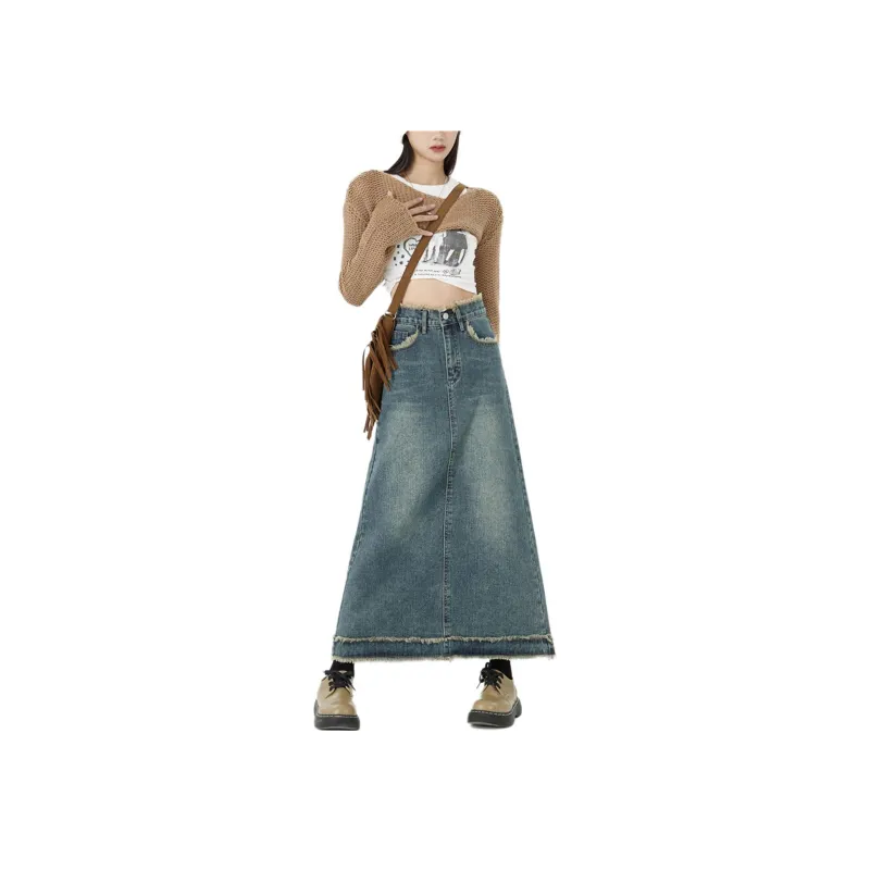 ZAVK Denim Long Skirts Women's Vintage Blue-1