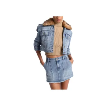 MICHAEL KORS Faux Fur Trim Denim Cropped Jacket
