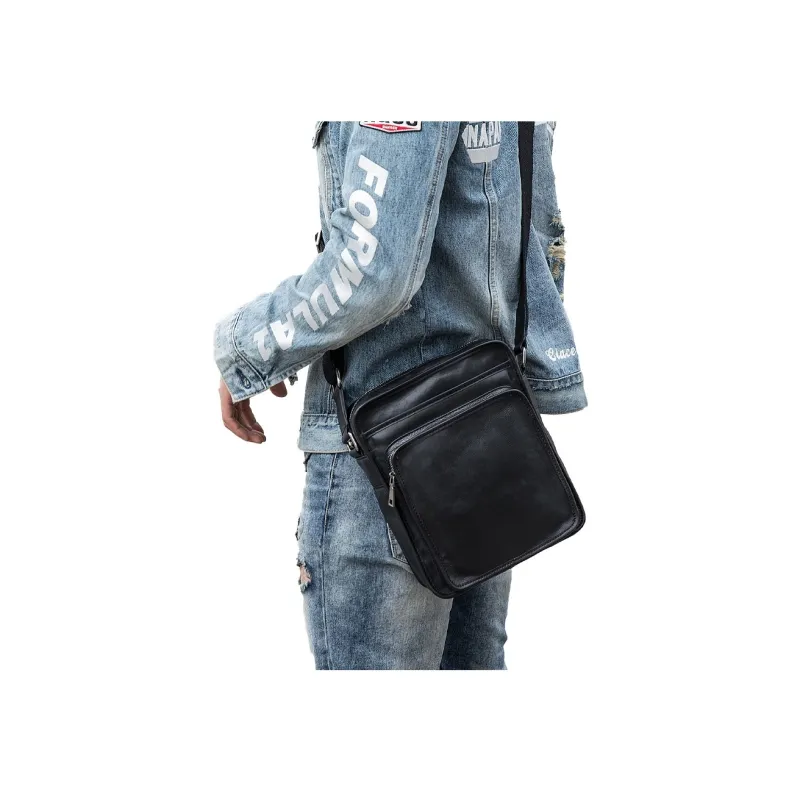 Back Step Top Grain Vegetable Tanned Cow Leather Shoulder Bag Crossbody Messenger Bag Regular Unisex Black-6