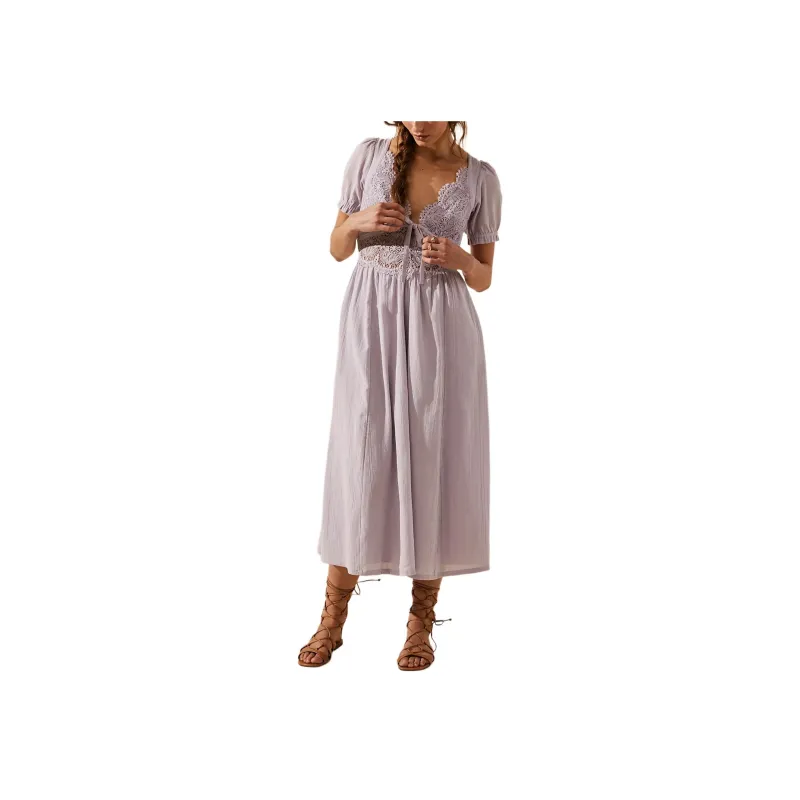 FREE PEOPLE All You Need Is Lace Midi Short-Sleeved Dresses Women's Lavender Blue-0