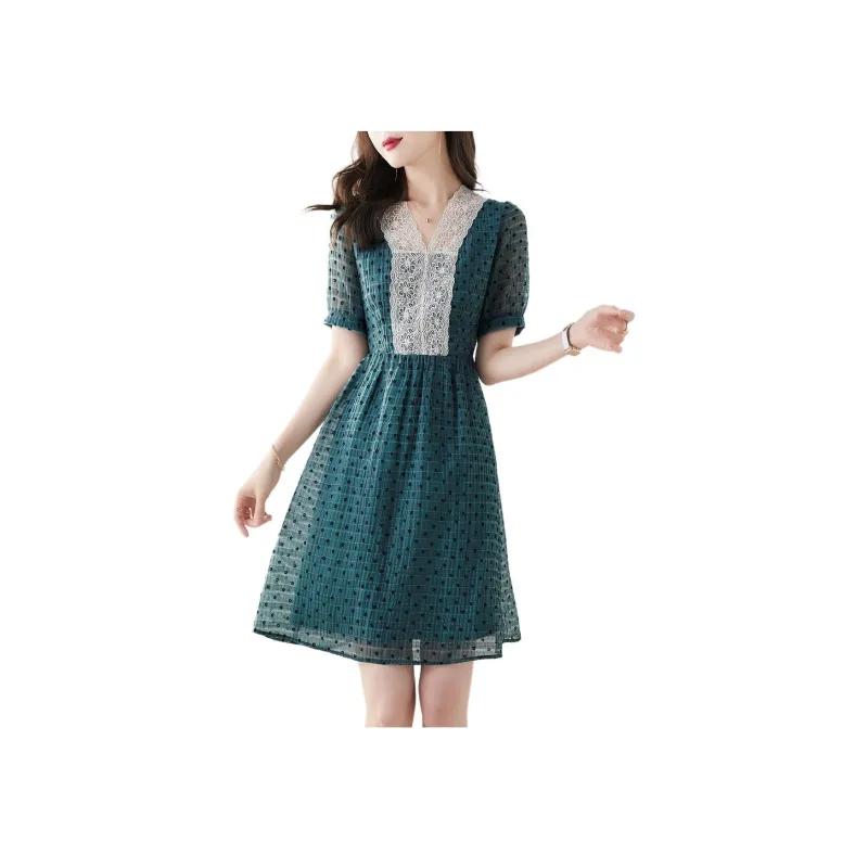 Like The Age Of Water Short Sleeved Dress Loose Fit Women's Blue Green-0