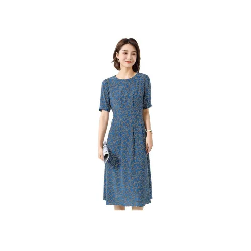 JINJU 스트라이프 블루 여성 반팔 원피스