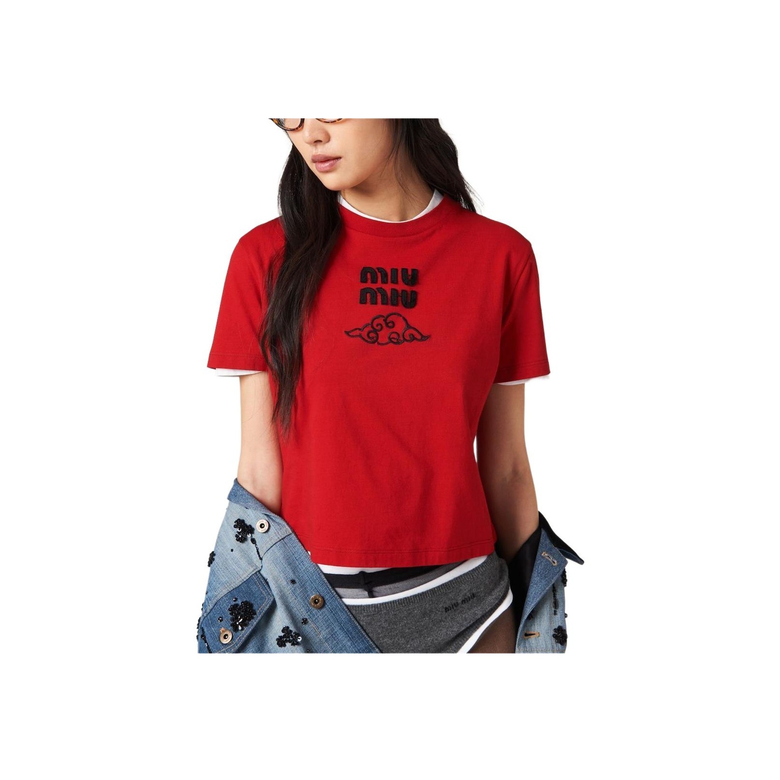 Tシャツ・カットソー MIU MIU Women Tops MJA906SOOO 11QG F04MU B CO POMICE PIOMBO MIU MIU T-Shirts Women's - POIZON