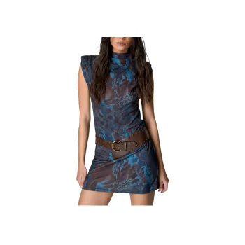NASTY GAL Printed Slinky Shoulder Pad Mini Dress Sleeveless Dress Women's Blue