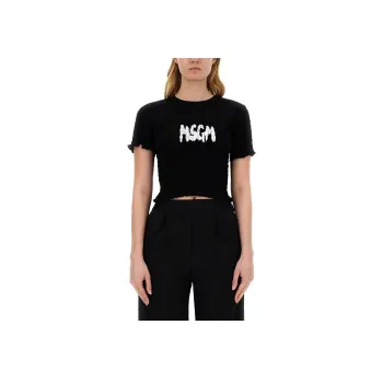 MSGM Logo Printed Smocked Cropped Top