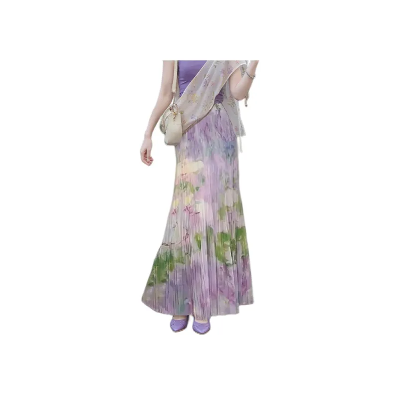 Wbwq Casual Long Skirt Women's Purple Floral-0