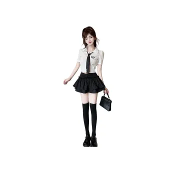 DGMZ Uniforms Women's White Top Bow Tie+Black Skirt Set