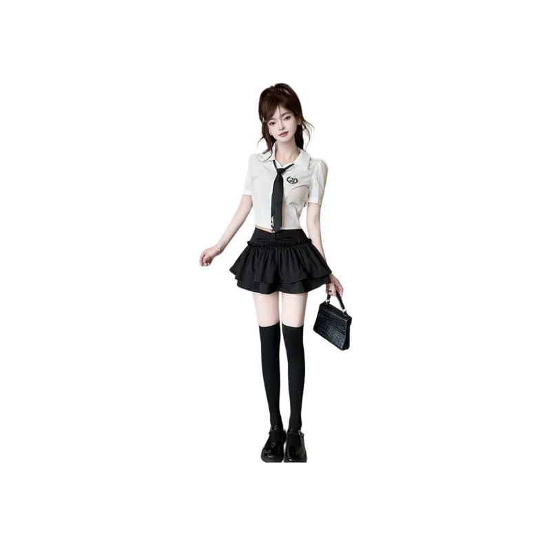 DGMZ Uniforms Women's White Top Bow Tie+Black Skirt Set-0