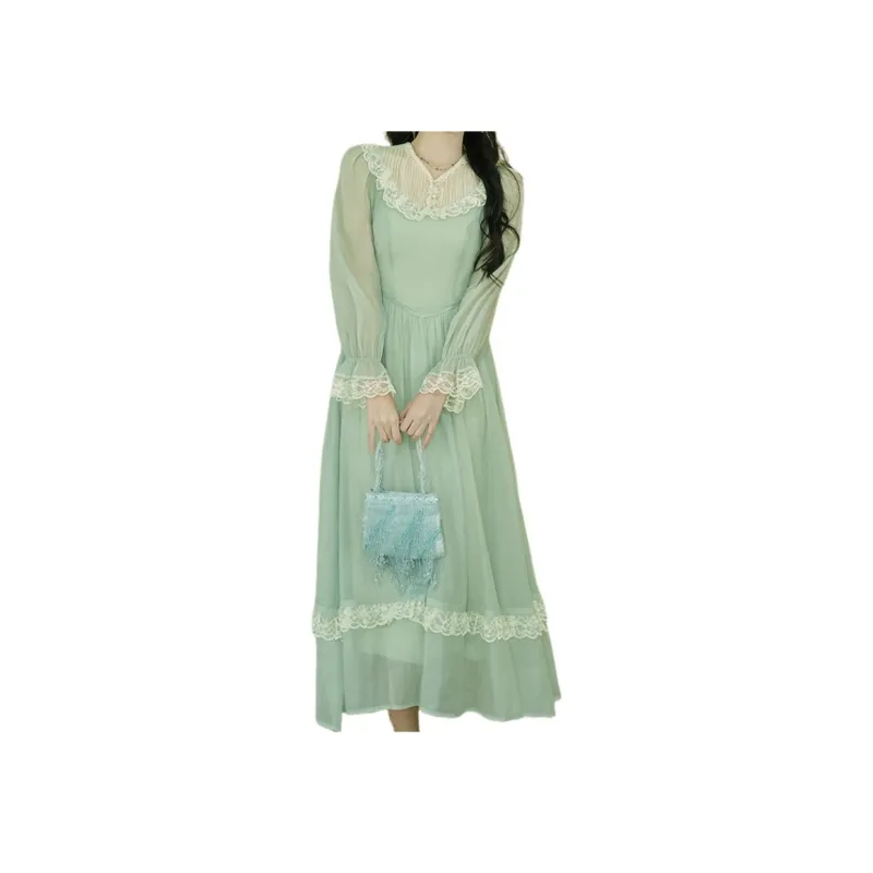 Long Sleeved Dresses Women's Green Single Item-1