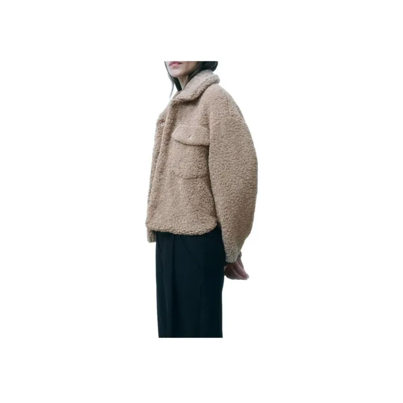ZARA Velvet-feel Coat Women's Medium Camel-3