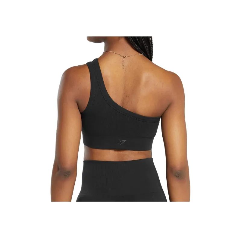 GYMSHARK Ribbed Cotton Seamless One Shoulder Bra Sports Underwear Women's Black-1